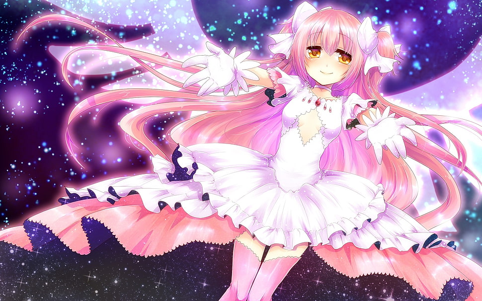 pink haired female character with pink dress and white wings HD wallpaper