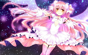 pink haired female character with pink dress and white wings