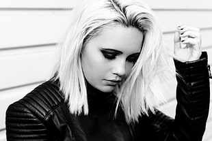 woman wearing black leather jacket grayscale phtoo