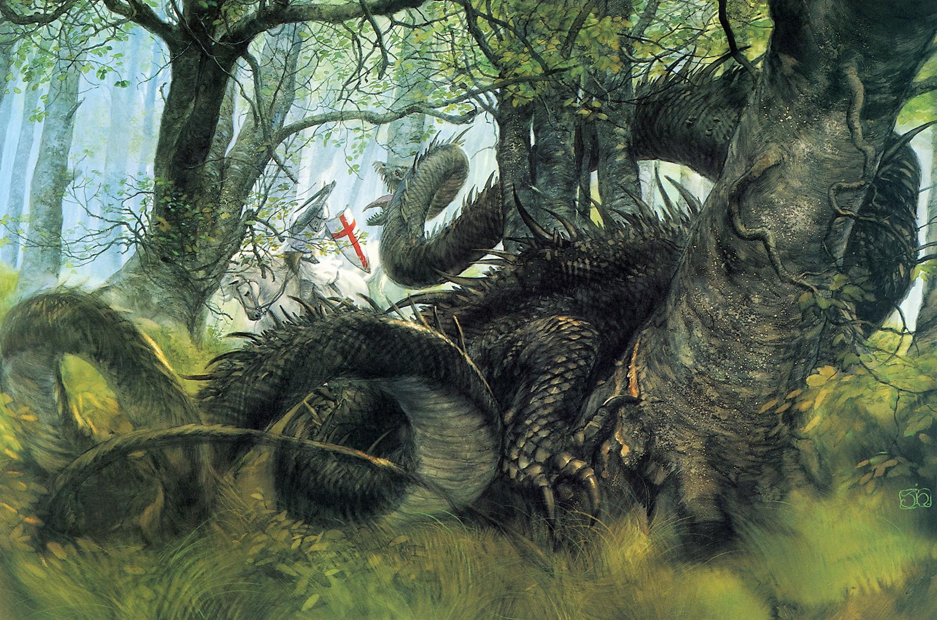 brown and gray dragon painting, John Howe, dragon, knight, drawing