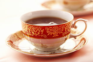 white and red teacup on saucer HD wallpaper