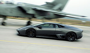 black coupe, Lamborghini, car, jet fighter HD wallpaper