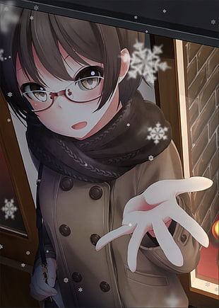 black haired female anime character with red eyeglasses catching snowflake wallpaper