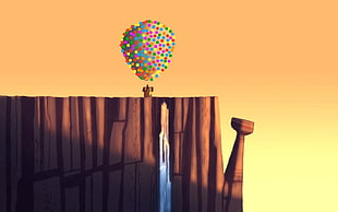 hot air balloon near waterfalls graphic wallpaper