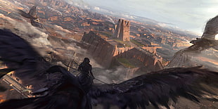 Assassin's Creed digital wallpaper, artwork, fantasy art, fantasy city, birds