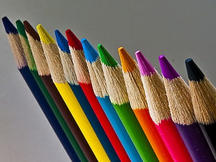 selective focus photography of colored pencils