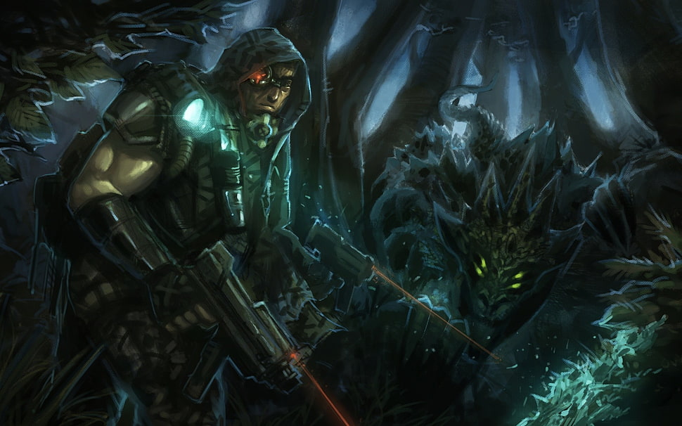 black and gray car engine, artwork, men, creature, gun HD wallpaper