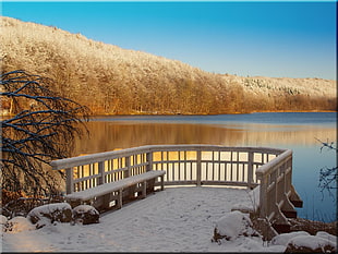 painting of park, landscape, winter, water, bench