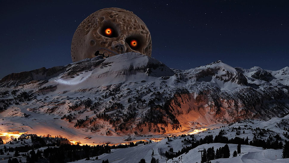 white and black mountain range, The Legend of Zelda, Moon, mountains, The Legend of Zelda: Majora's Mask HD wallpaper
