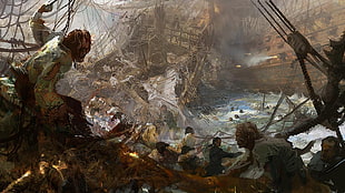 painting of wrecked sailing ship, shipwreck, sea, battle
