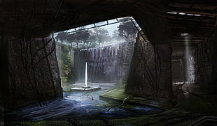 waterfalls digital artwork, apocalyptic, futuristic
