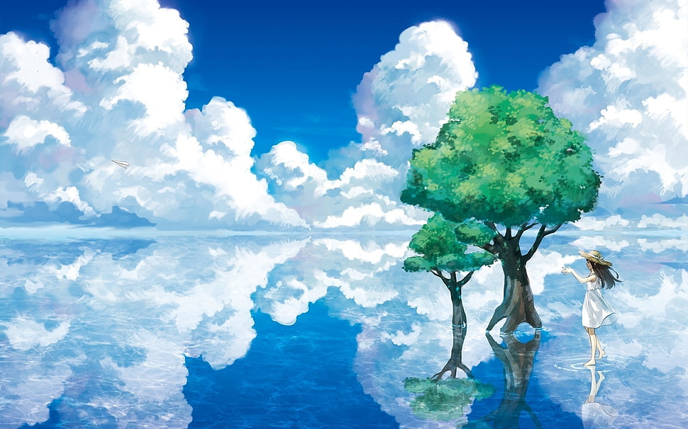 woman under the tree surrounded by clouds artwork HD wallpaper