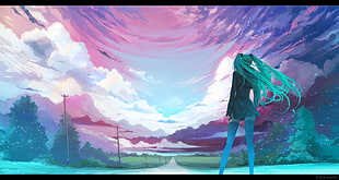 female anime digital wallpaper, Hatsune Miku, power lines, Vocaloid