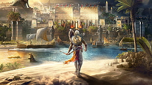 person in hoodie with bow wallpaper, video games, Egypt, assassins , river