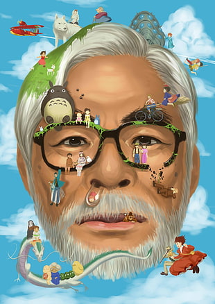 man with black eyeglasses face illustration, anime, Studio Ghibli