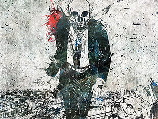 skull wearing tuxido suit art HD wallpaper