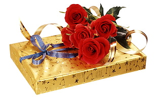 red roses on gold wrapped gift