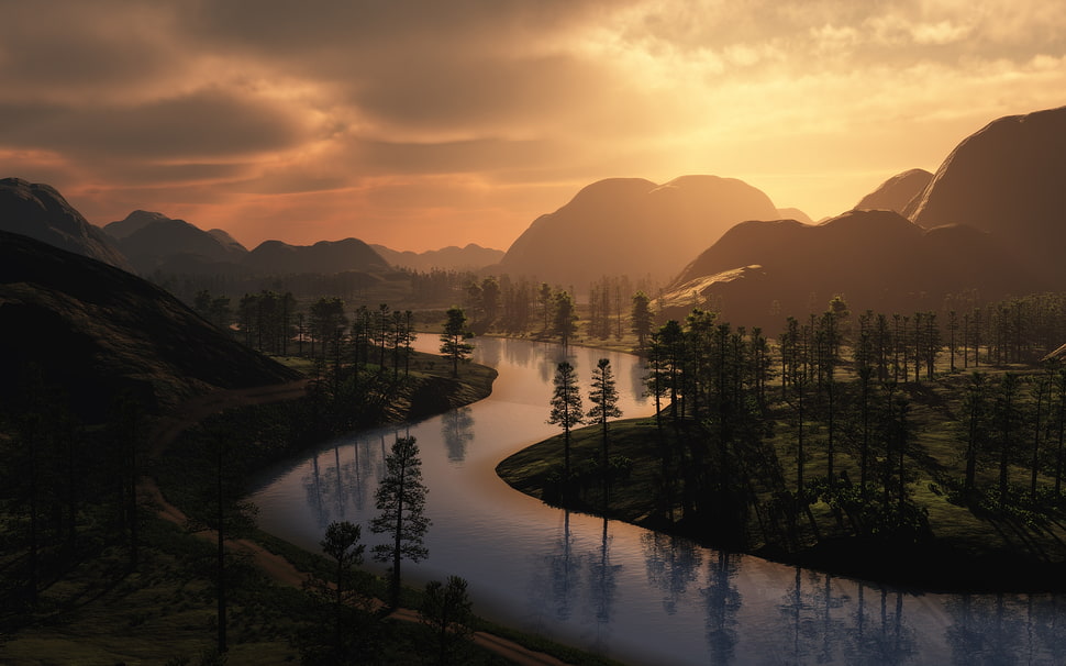 river and hills during sunset HD wallpaper