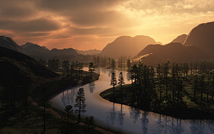 river and hills during sunset HD wallpaper