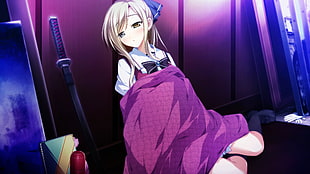 girl in white and black school uniform sitting beside katana HD wallpaper