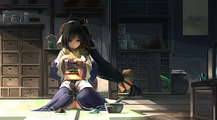 female anime character digital wallpaper, Kuon (Utawarerumono), bow, black hair, ponytail