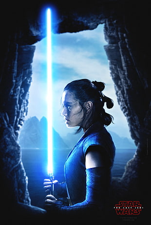 Star Wars cover, Star Wars: The Last Jedi, Rey (from Star Wars), lightsaber, Daisy Ridley HD wallpaper