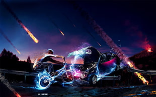 graphic wallpaper of two men on BMX bikes with blue flames and meteors HD wallpaper