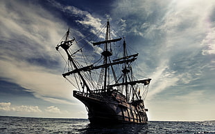 brown ship, boat, sea, sky, 17th century