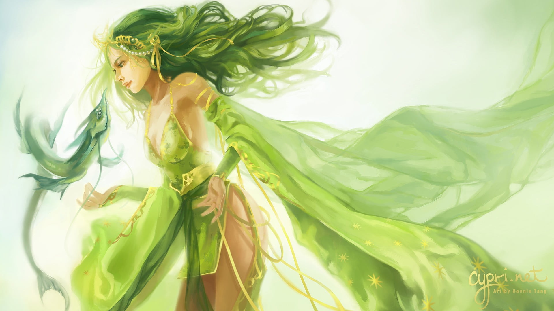 female animated character in green dress digital wallpaper, Final Fantasy I...