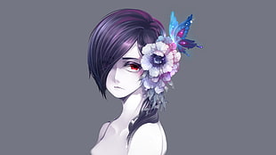 purple haired anime woman with flowers HD wallpaper
