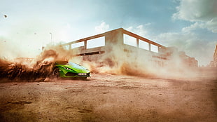 green sports car, car, dust, Lamborghini, racing