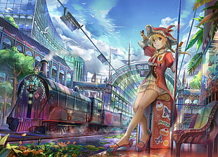 blonde haired girl anime character waiting at train station digital wallpaper