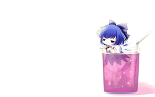 Anime character in purple hair inside a glass