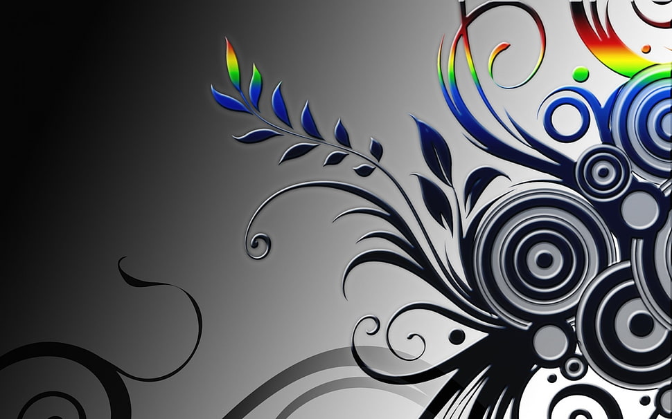 black and multicolored floral illustration HD wallpaper