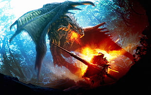 dragon and knight digital wallpaper, video games, dragon, Monster Hunter, fantasy art