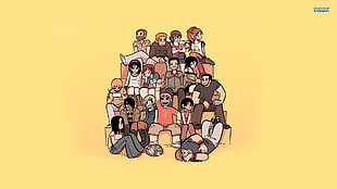 group of people taking a group picture caricature illustration, Scott Pilgrim, artwork, movies