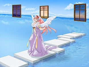 girl in purple dress with angel wings anime wallpaper