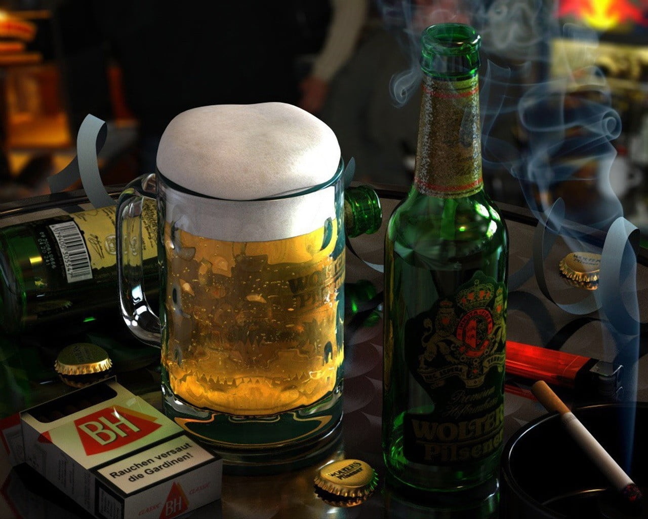 clear glass beer mug with beer beside of green glass bottles