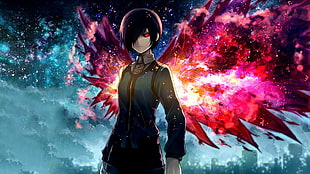 black hair red eye anime character illustration HD wallpaper