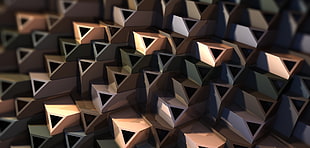 four black-and-white wooden decors, 3D fractal, triangle, abstract