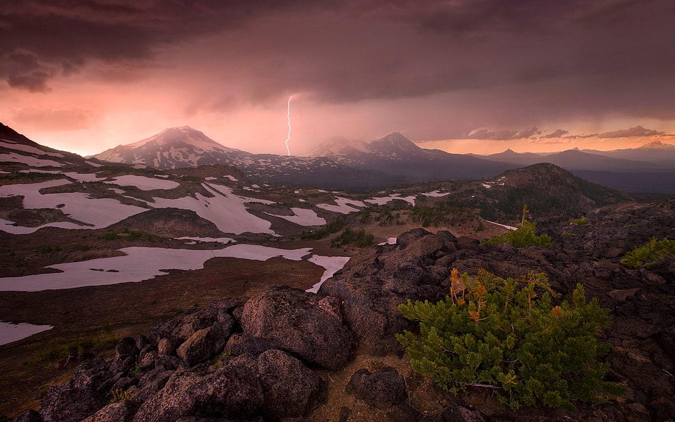 white snow-capped mountain, landscape, nature, mountains, lightning HD wallpaper