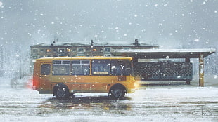 yellow and black bus, winter, sadness, alone, snow flakes