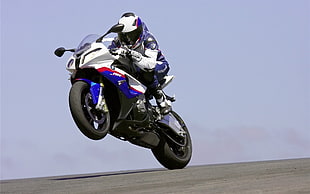 white and blue sports bike, motorcycle, BMW, BMW S 1000 RR