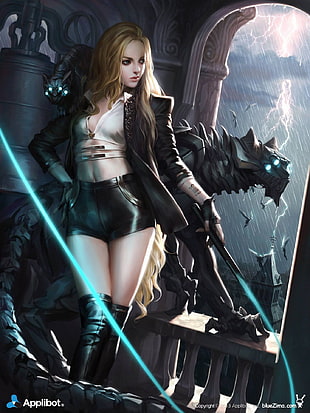 blonde hair woman holding whip illustration