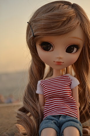 brown haired doll wearing red and white stripe shirt and blue shorts