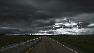 lightning illustration, nature, landscape, road, storm HD wallpaper