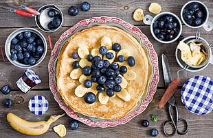 blueberry and banana pancake on palte