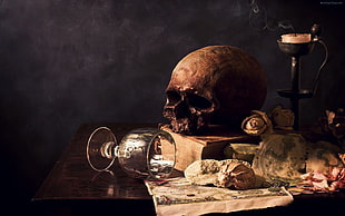 skull beside drinking glass painting, skull, drinking glass, table, books HD wallpaper