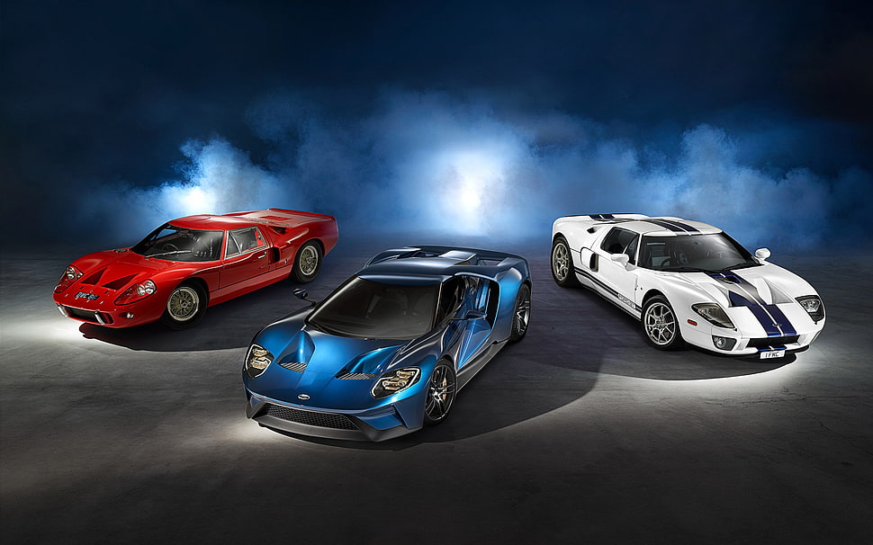 three red, blue, and white cars wallpaper, Ford GT, car, mist HD wallpaper