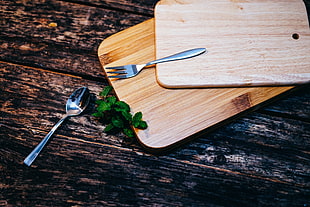 spoon and fork on wooden chopping board